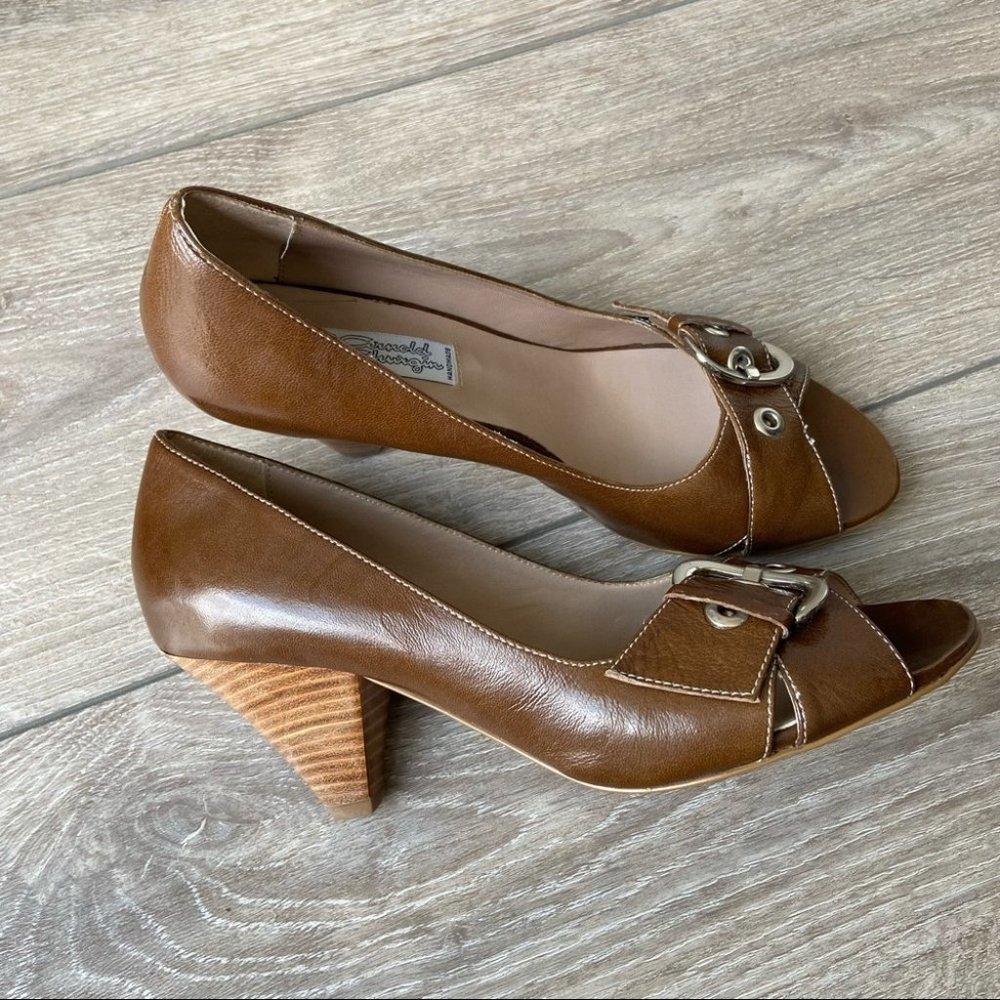 Arnold Churgin Handmade Patent Leather  Open Toe Wooden Heel Pumps